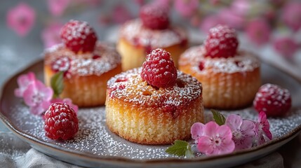 A serving of delicate raspberry financiers, arranged on a plate.