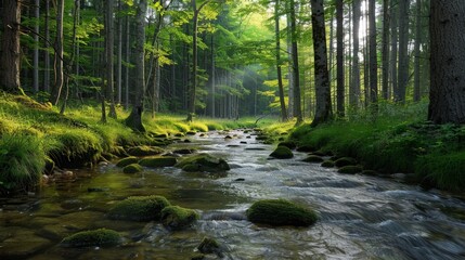 Obraz premium A stream of water flows through a forest with moss growing on the rocks