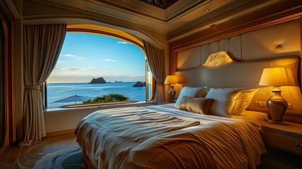 A large bed with a view of the ocean