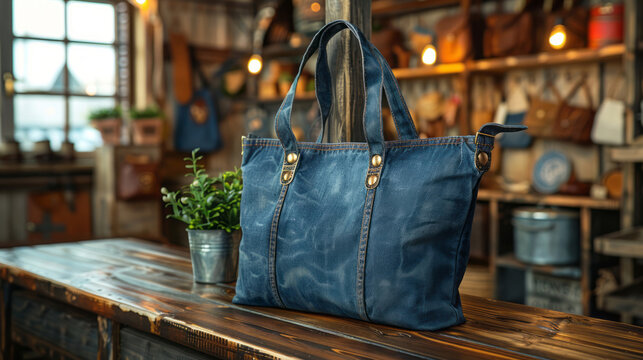 A pair of tote bags on an antique wooden table, surrounded by various handcrafted items and accessories in the background.