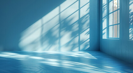 A light blue backdrop features sun rays and shadows, with a window shadow on the wall of an empty room, suitable for product presentation.