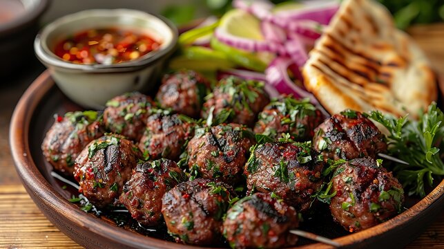 A plate of savory lamb kofta, served with pita bread.