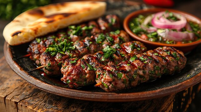 A plate of savory lamb kofta, served with pita bread.