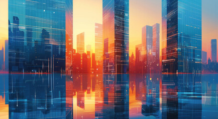 A cityscape, featuring towering skyscrapers and reflections on the water bathed in sunlight, presents a gradient of blue to orange in the background, creating an atmosphere of modernity and energy.