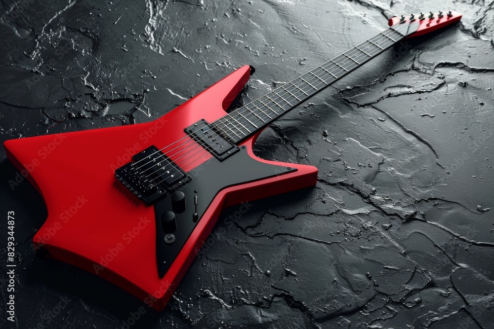 Wall mural a modern electric guitar frame mockup in a vibrant red, displayed on a dark, textured surfac