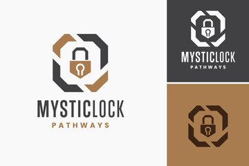 Mystic Lock Pathways Logo: An enigmatic design featuring a lock and winding paths, symbolizing hidden solutions and discovery. Perfect for escape rooms, security firms, or adventure games.