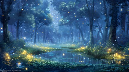 tranquil forest glade bathed in the soft, gentle glow of fireflies and bioluminescent plants