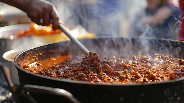 The intense heat of a chili cookoff competition has contestants sweating as they craft their secret recipes with tongues wagging in anticipation.