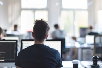 In an office, two workers work on their computers, with focus on one person looking at his computer screen.