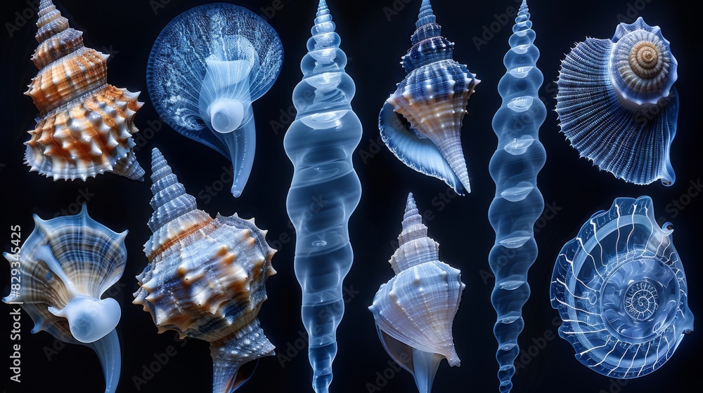 Poster x-ray scan of a collection of sea shells, showcasing the variety of shapes and sizes.