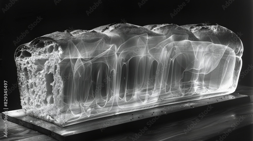 Poster x-ray scan of a loaf of bread, showing the air pockets and density.