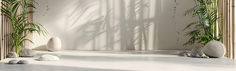 Minimalist podium, bamboo tree in sunlight, leaf shadow in blank white concrete wall for modern luxury organic beauty, cosmetic, skincare, nature, fashion product display background