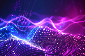Neon purple and electric blue create a vibrant particle line wave in a tech abstract.