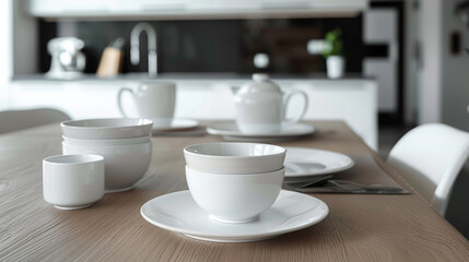 Minimalist white ceramic dinnerware set on a sleek wooden dining table in a contemporary kitchen, providing a stylish and functional setup