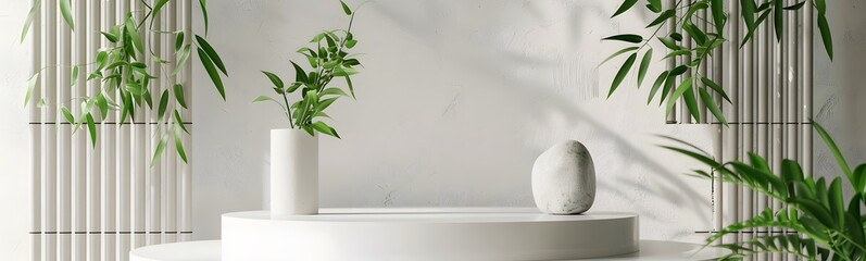 Naklejka premium Minimalist podium, bamboo tree in sunlight, leaf shadow in blank white concrete wall for modern luxury organic beauty, cosmetic, skincare, nature, fashion product display background