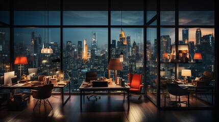 High-rise building with illuminated office windows at night, cityscape background, corporate ambiance