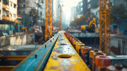 onstruction tools in action, with colorful measuring tapes and levels being used to ensure accurate alignment of bridge components