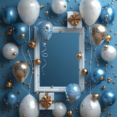 Blue birthday background with birthday balloons and gift, copy space