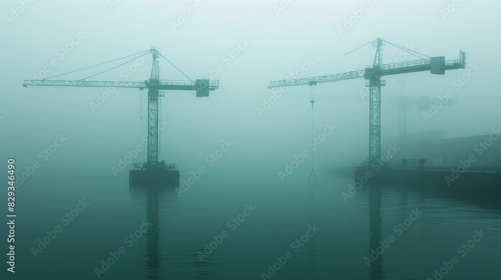 Poster depict cranes and forklifts navigating through thick fog and low visibility conditions on a construc