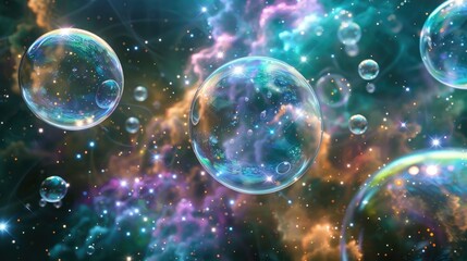 Beautiful transparent shiny background of rainbow soap bubbles. Festive background. Fantastic, cosmic texture.
