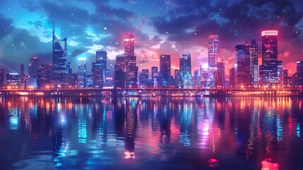 Fototapeta premium The city skyline photographed from across a wide river, with magnificent sparkling lights