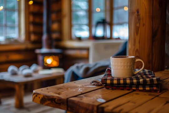 A wooden table in a cozy cabin, with hot cocoa and a blanket
