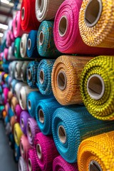 Fototapeta premium A variety of colorful rolls of fabric sit on shelves in a warehouse, ready to be used to create beautiful garments and other items.