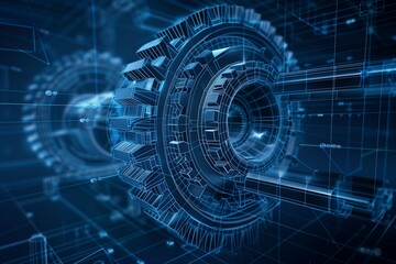 A monochromatic wireframe depiction of a gear, set against a dark blue background, symbolizing precision engineering and technical expertise. 