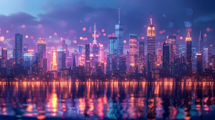 Obraz premium The city skyline photographed from across a wide river, with magnificent sparkling lights