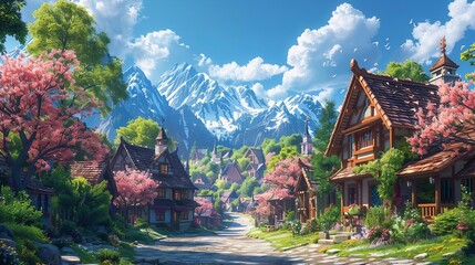 Obraz premium A charming of a quaint village with cobblestone streets and cozy homes
