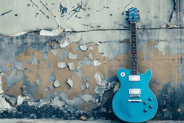 An electric guitar frame mockup in a bold blue color, leaning against a grungy concrete wall