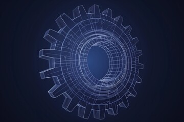 A monochromatic wireframe illustration of a gear, set against a dark blue backdrop to convey a sense of depth and dimensionality. 