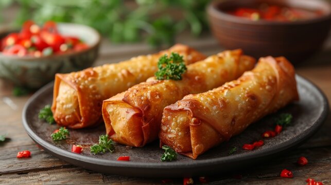 Zoom in on a plate of crispy spring rolls, featuring golden-brown wrappers filled with a savory mixture of vegetables, shrimp