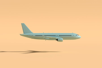 Miniature model commercial airplane flying on pastel orange colored background