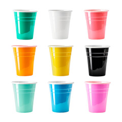 Set of colorful disposable cups. Isolated on transparent background.
