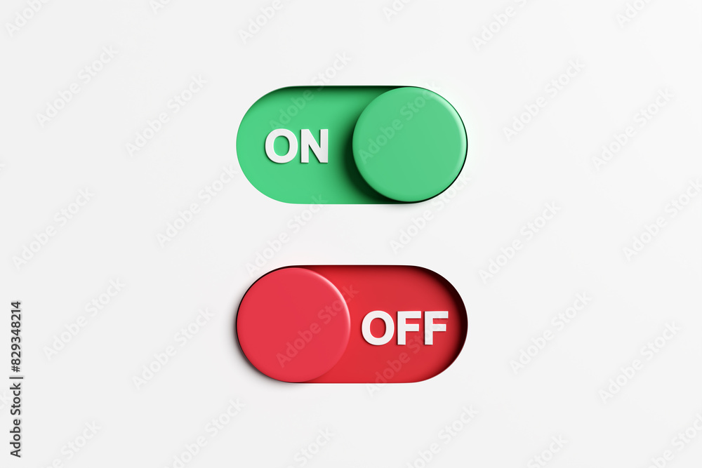 Poster on and off toggle switch buttons on white background.