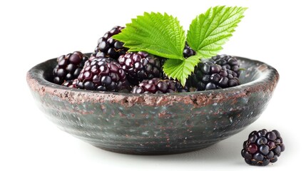 Close up image of a blackberry in a bowl with a leaf isolated on a white background
