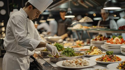 A bustling catering event, with chefs preparing exquisite dishes in an open kitchen. Catering buffet food indoor in restaurant