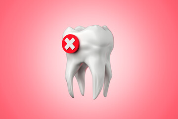 White molar tooth with a cross symbol on pink background.