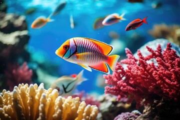 Fish over a coral reef in the sea.