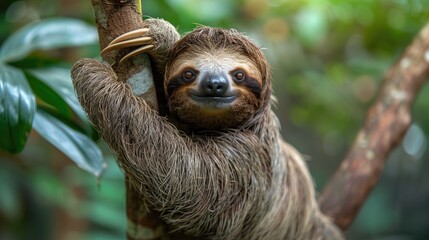 Fototapeta premium Funny sloth hanging on tree branch. Wild animal in the rainforest of Costa Rica