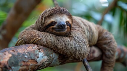 Funny sloth hanging on tree branch. Wild animal in the rainforest of Costa Rica
