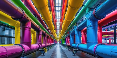 Complex network of brightly colored industrial pipes running throughout a large factory space