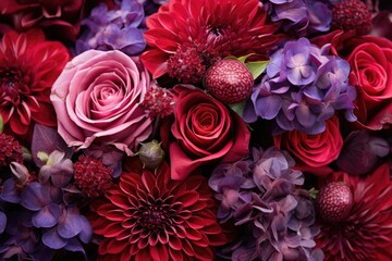 Red and purple flowers such as roses and dahlias