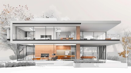  Cross-section of a modern minimalist house showcasing interior design