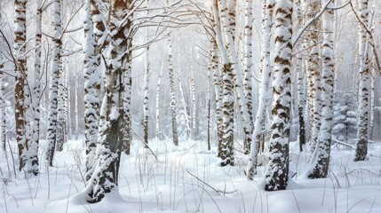 Snowy trunks of birch trees in winter forest