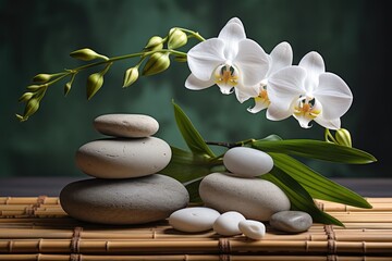 Spa stones, bamboo branches and white orchid