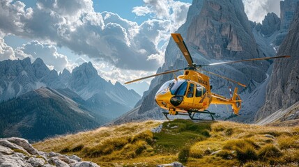 Yellow emergency helicopter in mountains dolomites