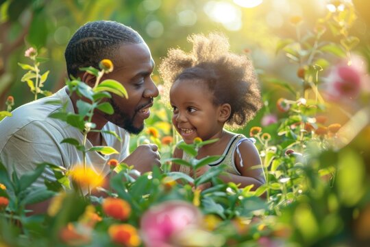 African American father and daughter smiling together in a flower garden, surrounded by vibrant flowers and sunlight.