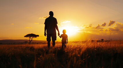 Fototapeta premium silhouette of father holding hand with son under sunset 